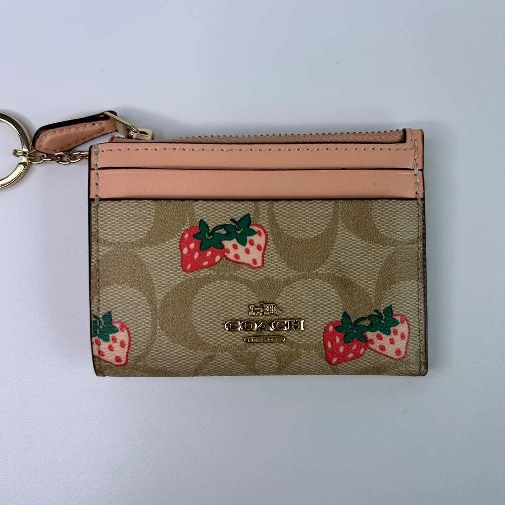 Coach Mini Skinny ID Case Tan Pink Strawberry Signature Canvas Wallet Excellent